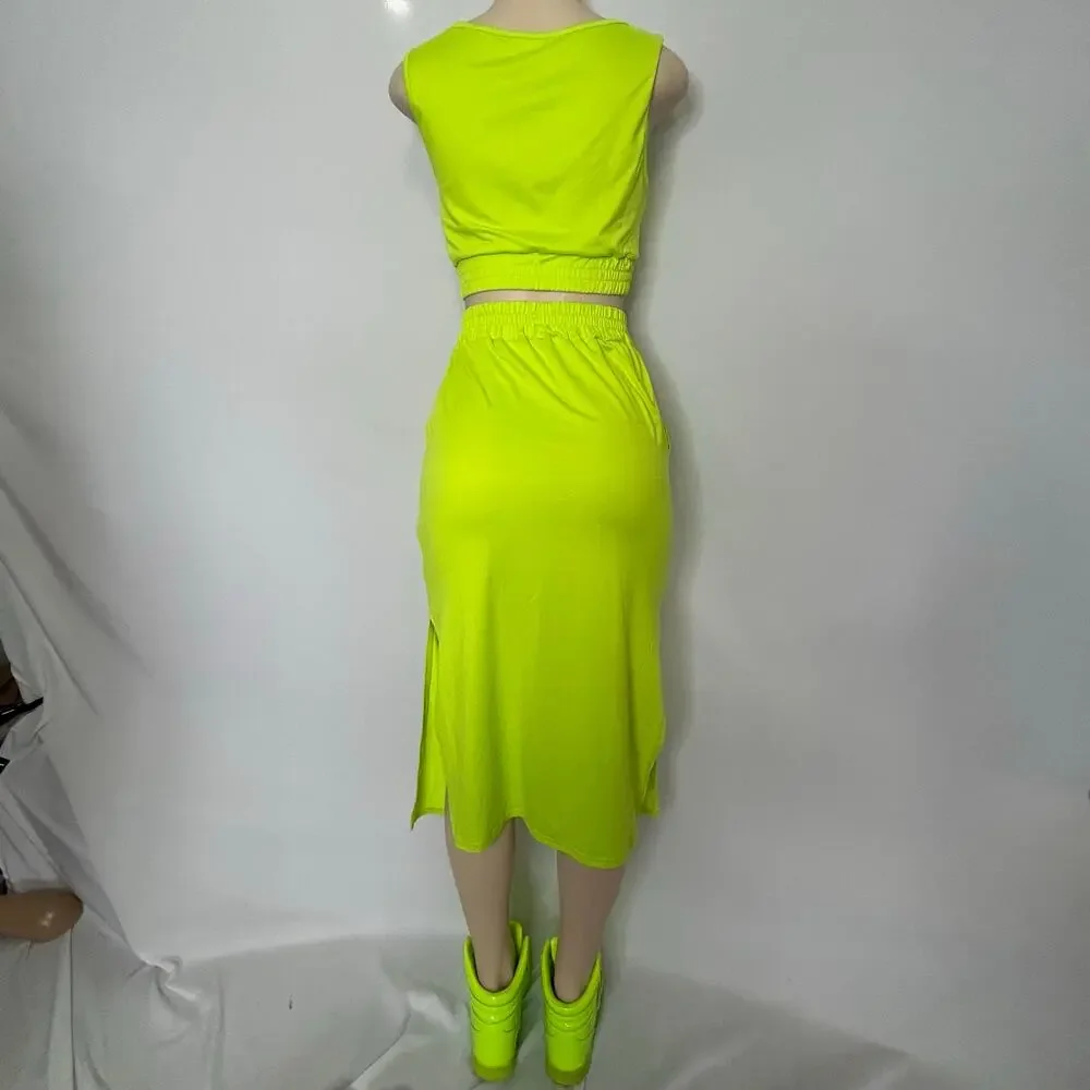 SHEIN Neon Lime Green Two-Piece Crop Top & Midi Skirt Set Women’s Size Small